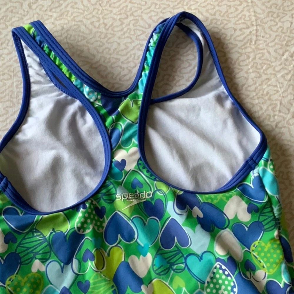 Speedo Blue & Green Heart-Print One-Piece Swimsuit in size 10